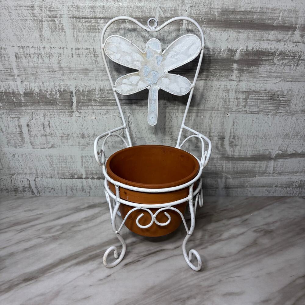 White Metal Dragonfly Chair Plant Stand with Terracotta Pot